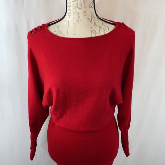 Red Sweater Dress with Sleeve Cut Outs - Picture 3 of 9